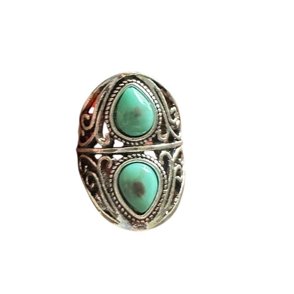 Vintage Style Double Turquoise and Silver Boho Ring